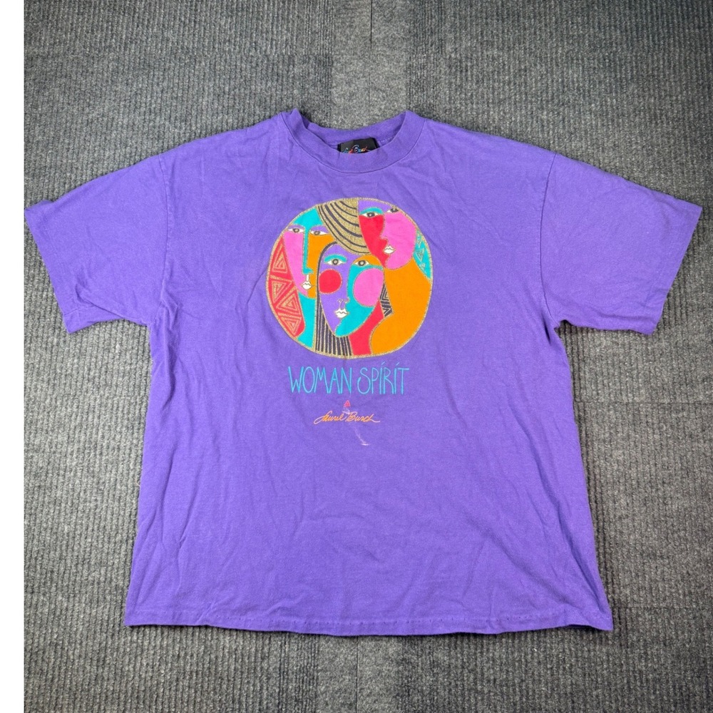 Laurel Burch Woman Spirit Graphic T-Shirt Purple Vintage Art Faces Glitter L